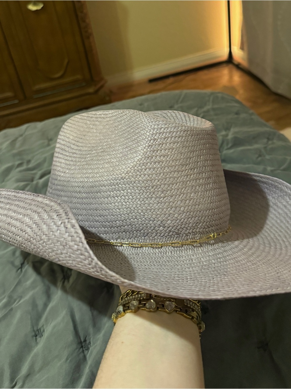 Women's Blue Straw Rancher Hat with Gold Chain